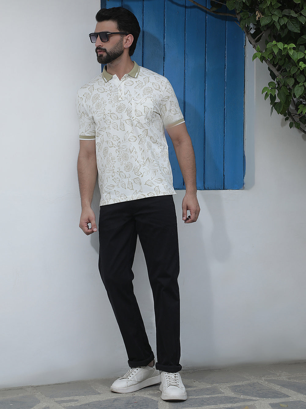 White Floral Print Polo Neck T-Shirt