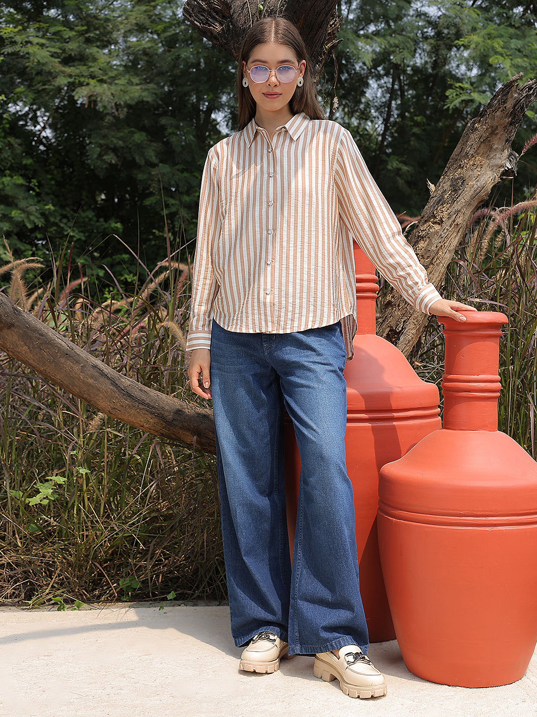 Minimalist Warm Brown Striped Shirt
