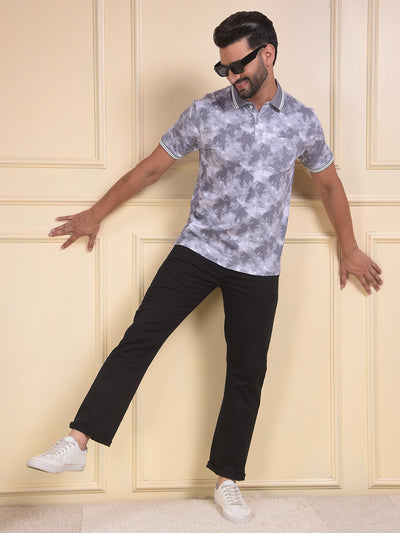 Grey Abstract Print Polo Neck T-Shirt