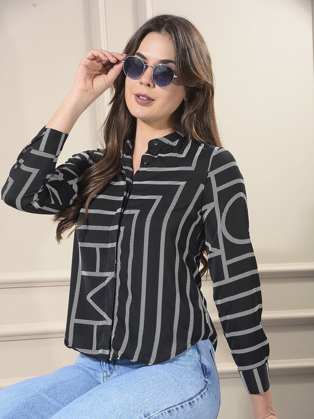 Black Printed V-Neck Shirt