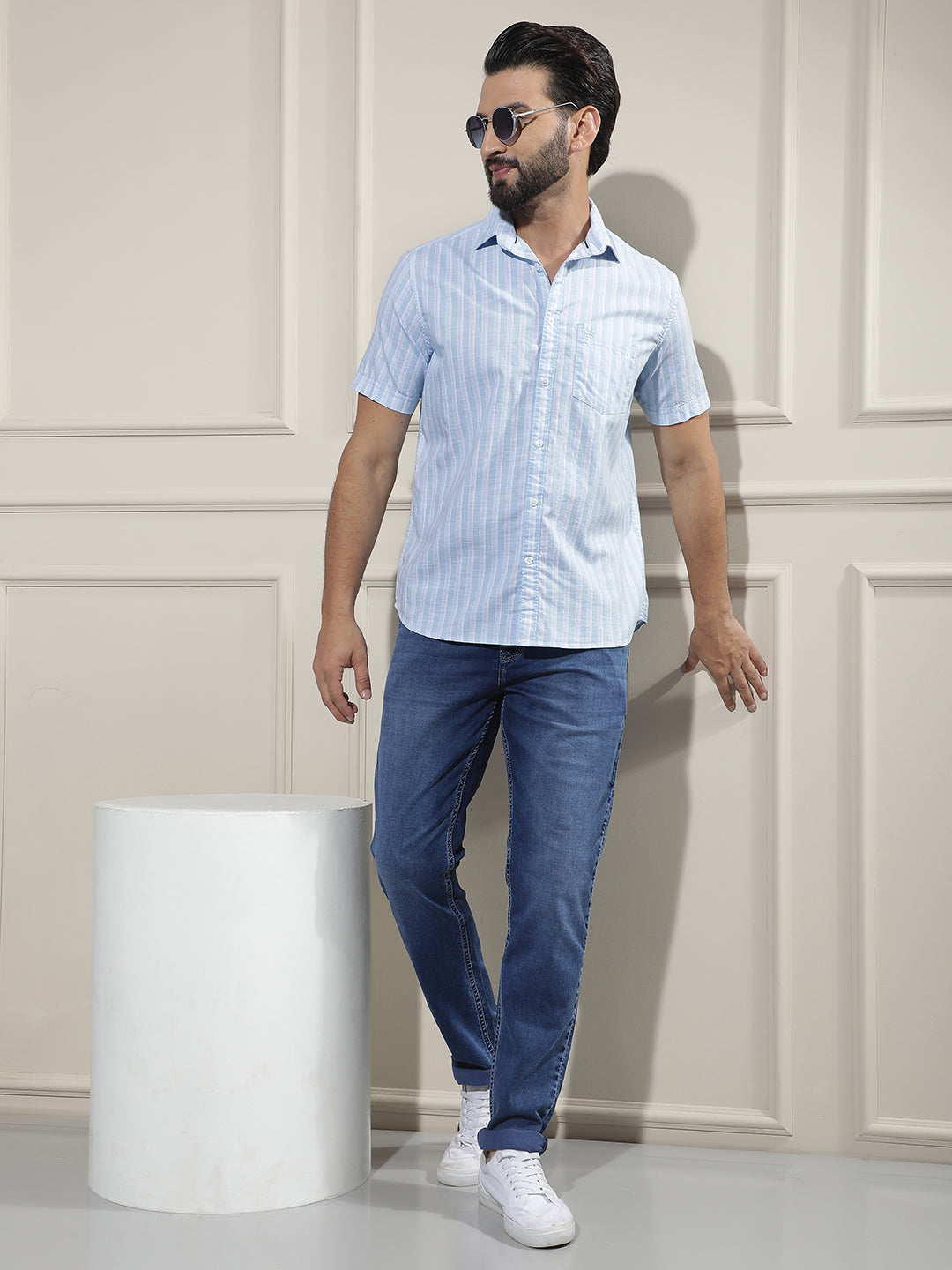 Blue Vertical Striped 100% Cotton Shirt