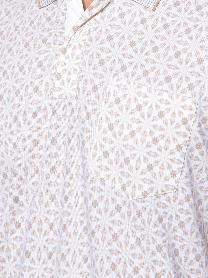 Beige Printed Polo-Neck T-Shirt