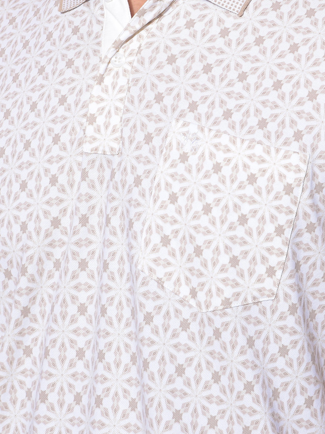 Beige Printed Polo-Neck T-Shirt