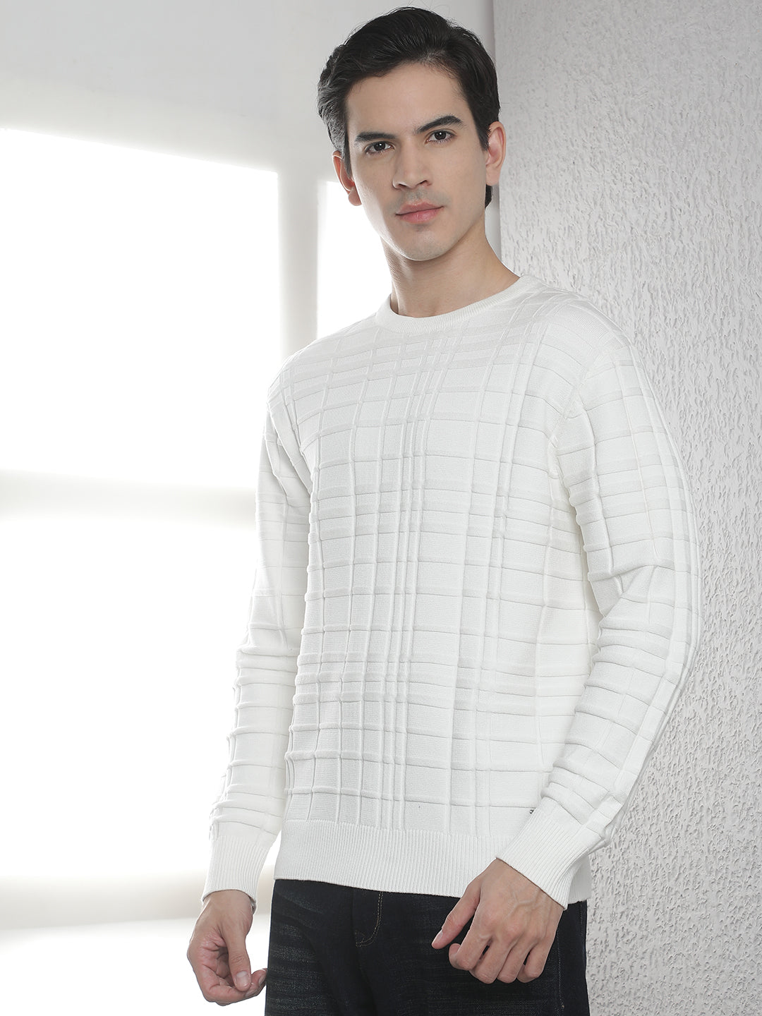 White Jacquard Round Neck Sweater