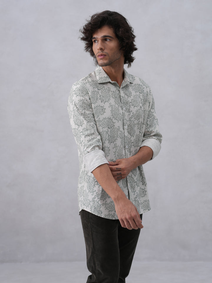 Green Printed Linen Shirt