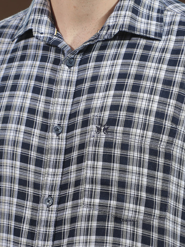 Navy Blue 100% Cotton Checked Shirt