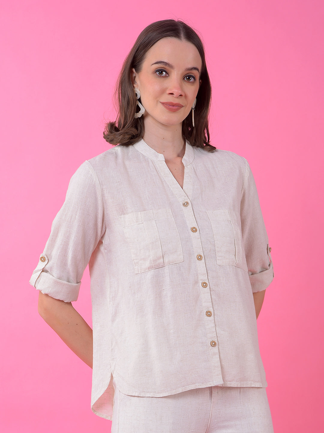 Off White V-Neck Linen Shirt