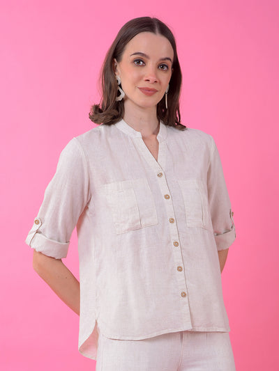 Off White V-Neck Linen Shirt