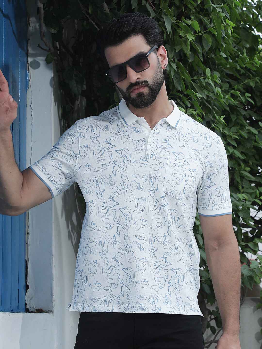 White Floral Print Polo Neck T-Shirt