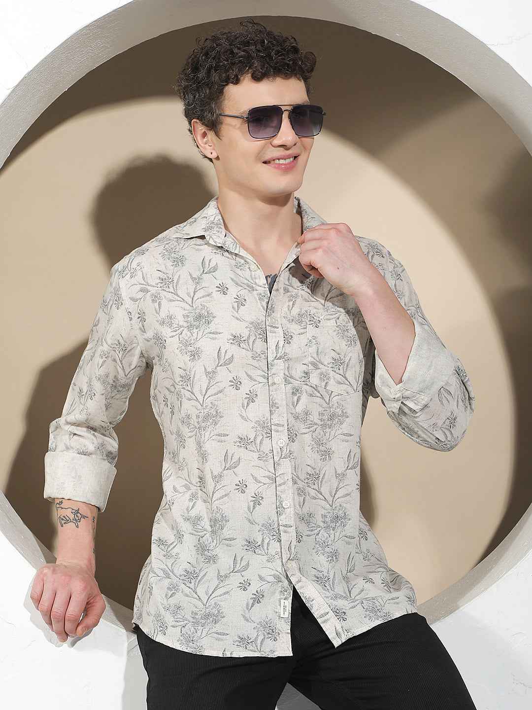 Linen Black Floral Print Shirt