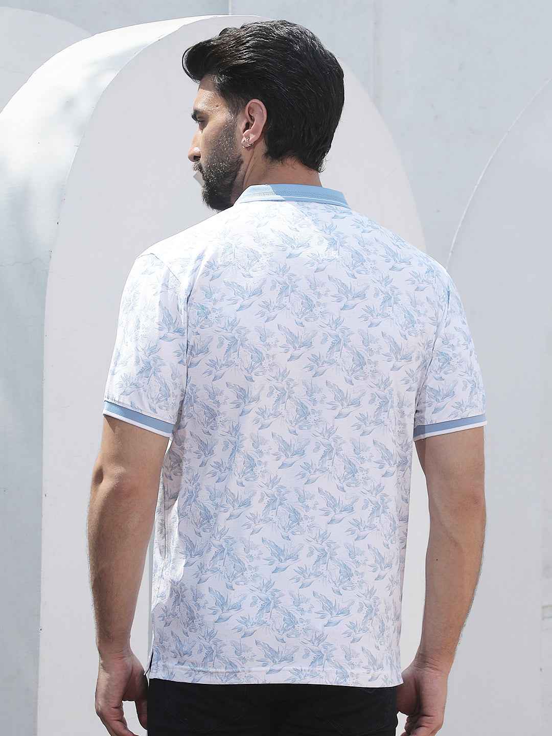 Blue Floral Print Polo Neck T-Shirt