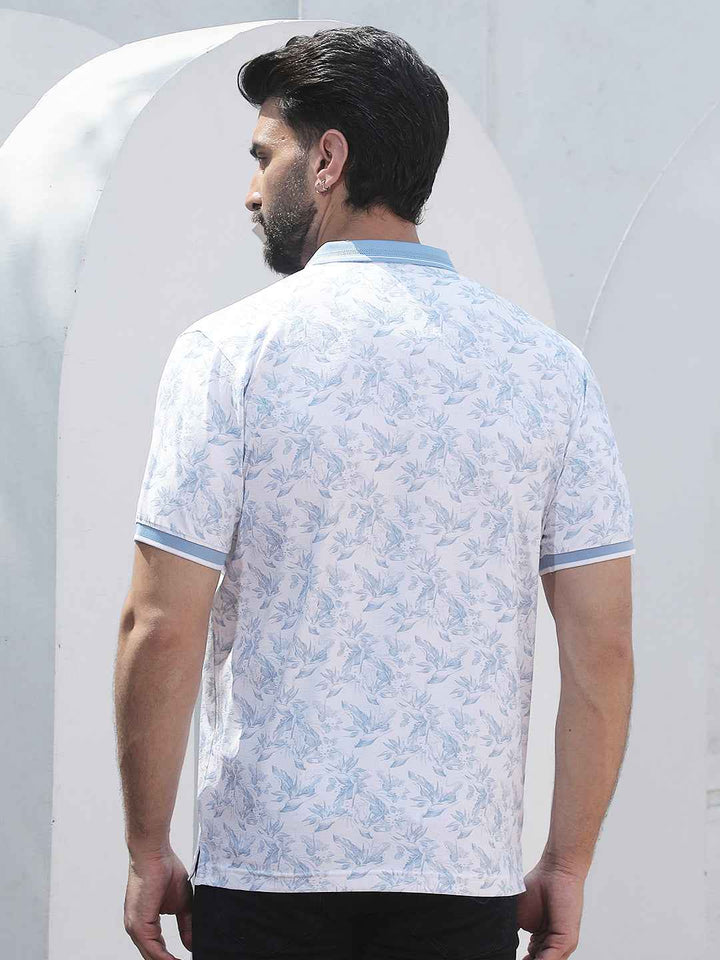 Blue Floral Print Polo Neck T-Shirt