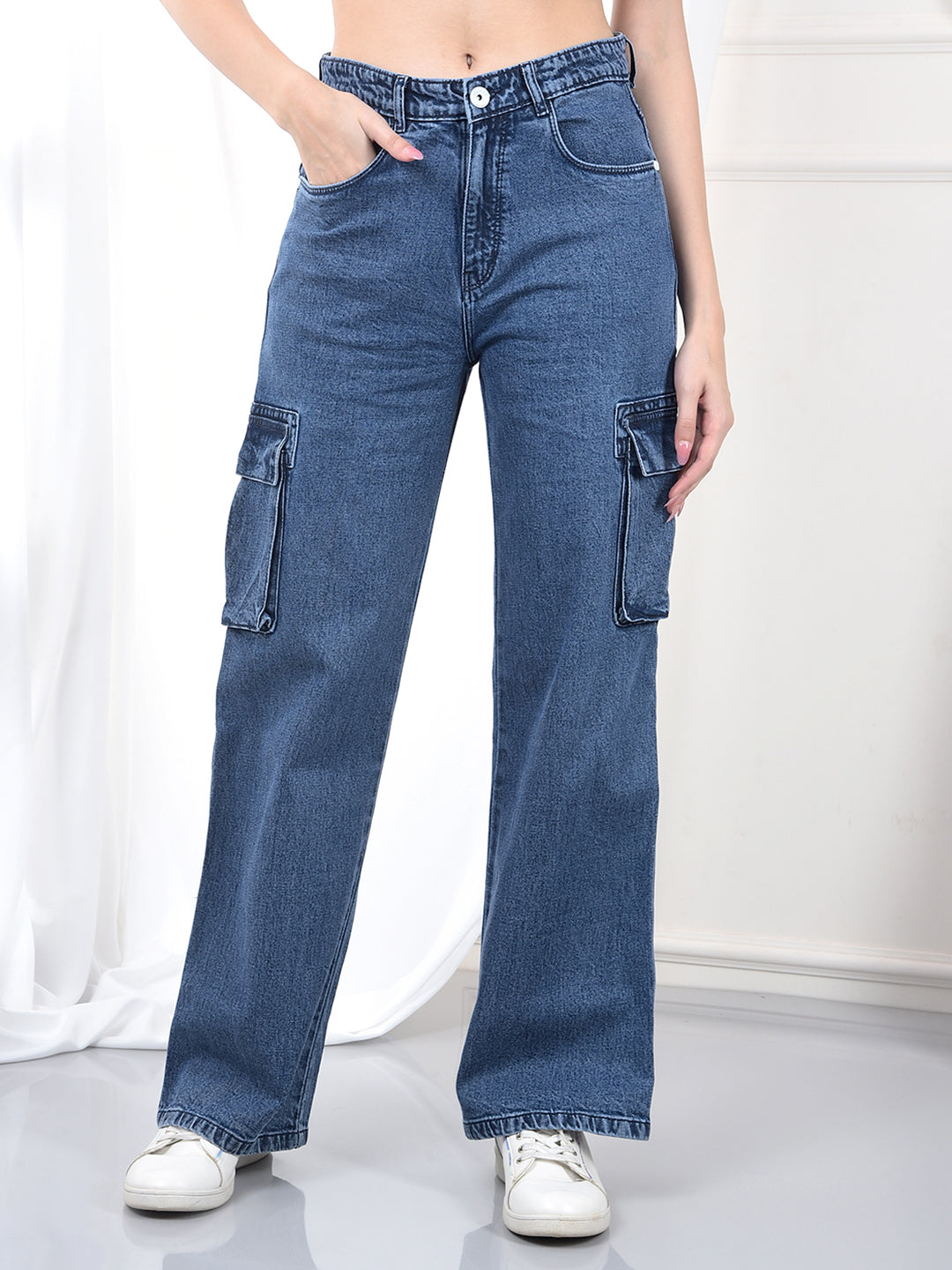 Blue Wide Leg 100% Cotton Cargo Jeans