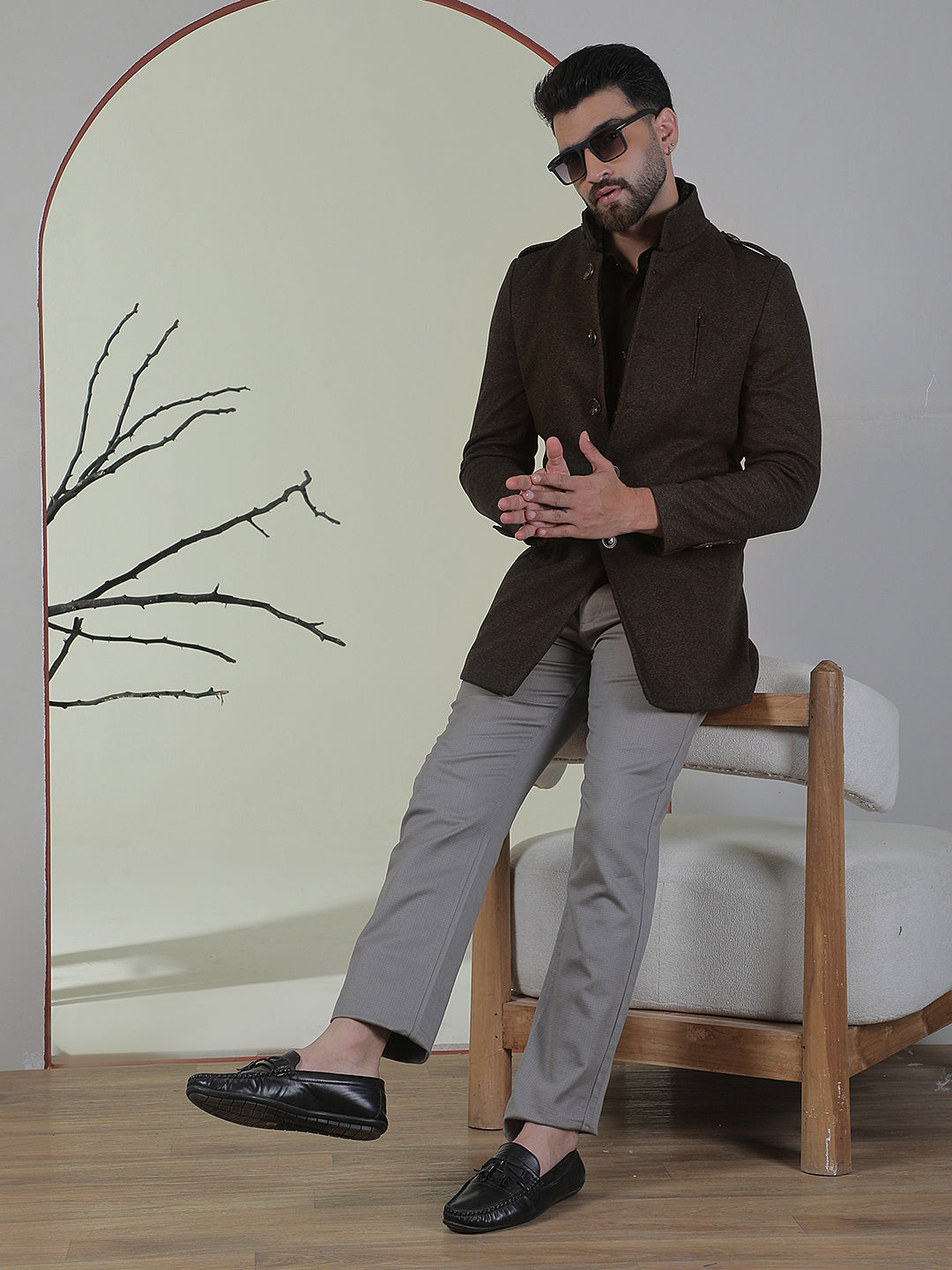 Brown Longline Stand Collar Coat