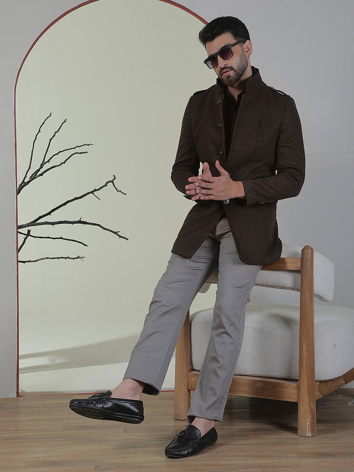 Brown Longline Stand Collar Coat