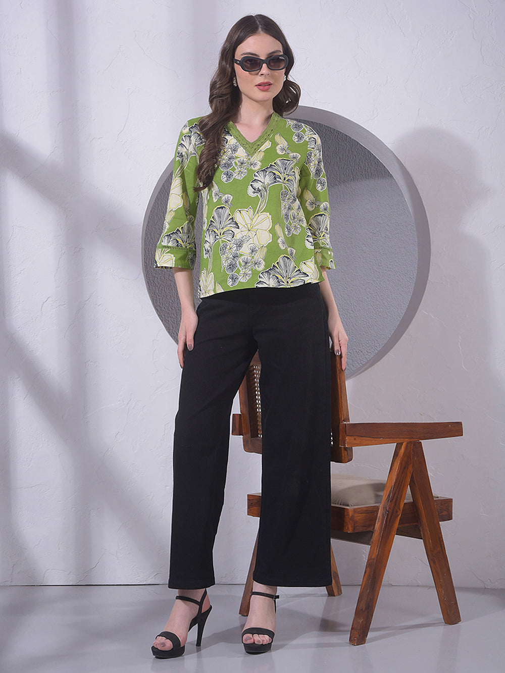 Green Floral Print V-Neck Top