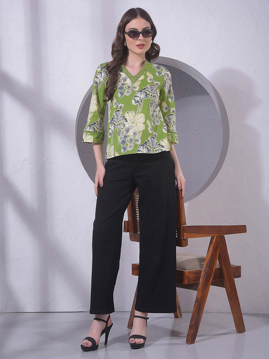 Green Floral Print V-Neck Top