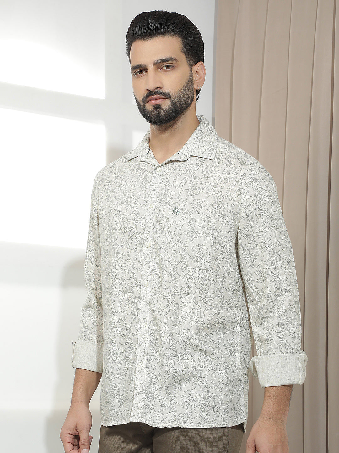 Linen Green Floral Print Shirt