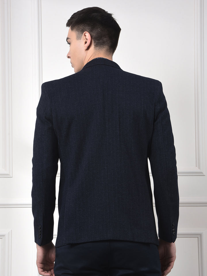 Navy Blue Vertical Stripes Notched Lapel Single-Breasted Blazer