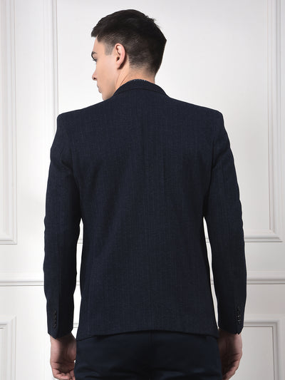 Navy Blue Vertical Stripes Notched Lapel Single-Breasted Blazer