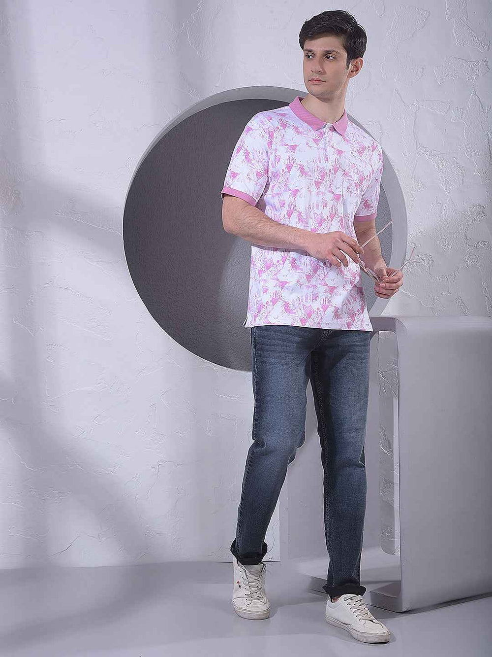 Pink Printed Polo Neck 100% Cotton T-Shirt