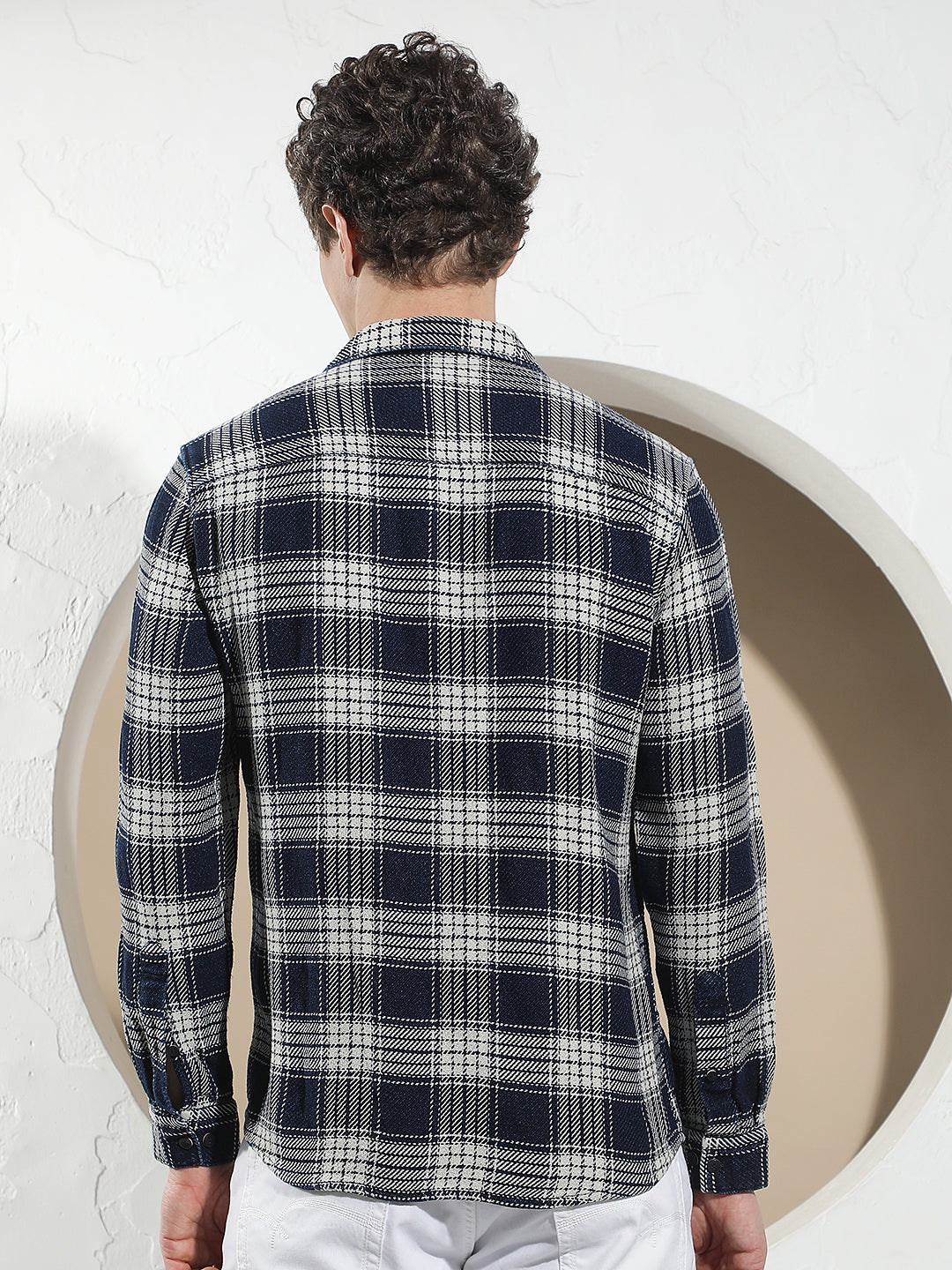 Navy Blue 100% Cotton Checked Shirt