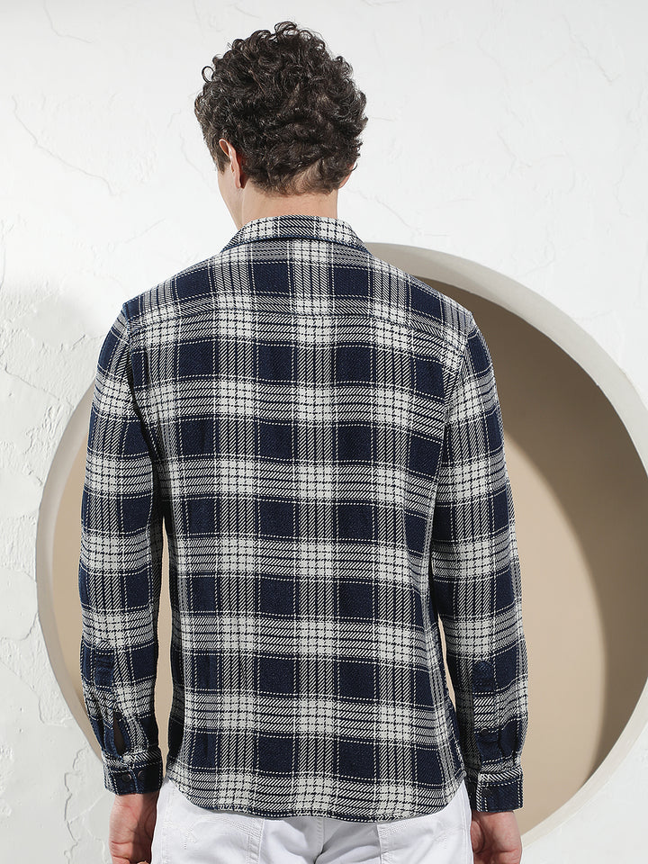 Navy Blue 100% Cotton Checked Shirt