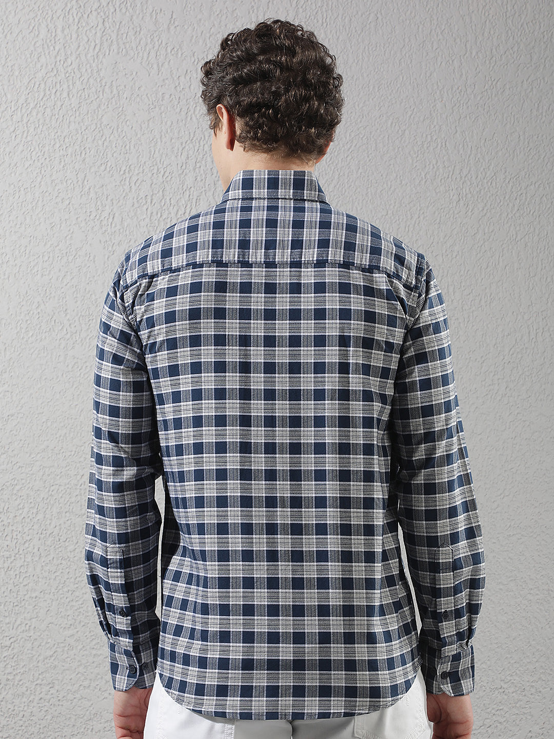 Navy Blue Checked Button-Down Collar 100% Cotton Shirt