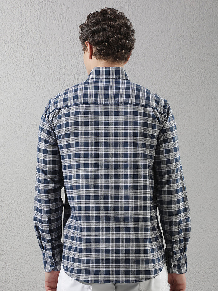 Navy Blue Checked Button-Down Collar 100% Cotton Shirt