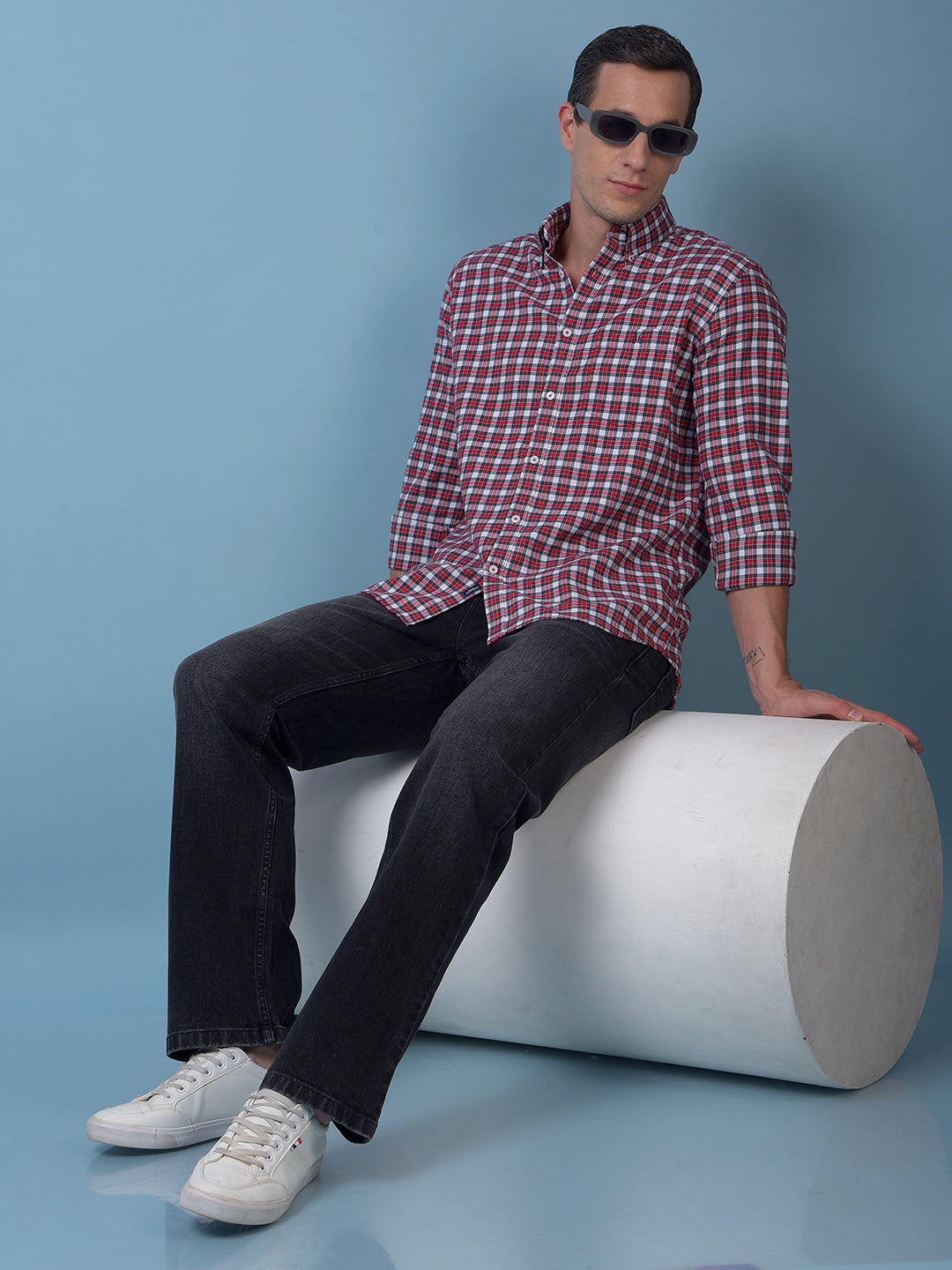 Red Checked Button-Down Collar 100% Cotton Shirt
