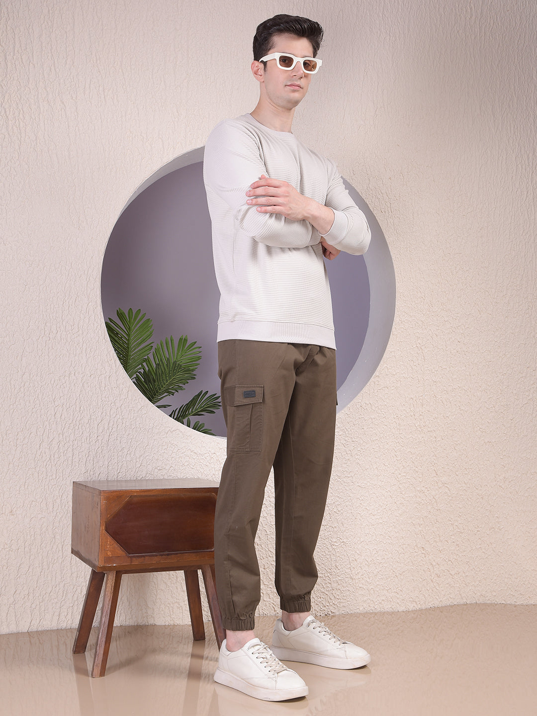 Textured Beige Casual Sweatshirt