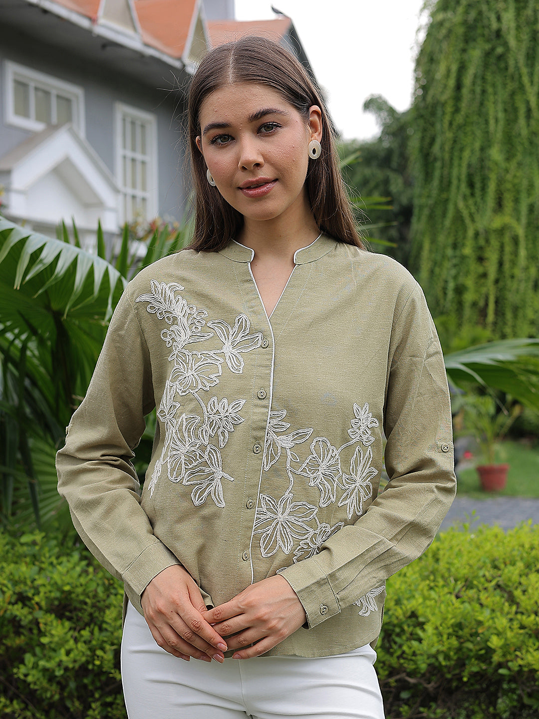 Olive Floral Embroidered V-Neck Shirt