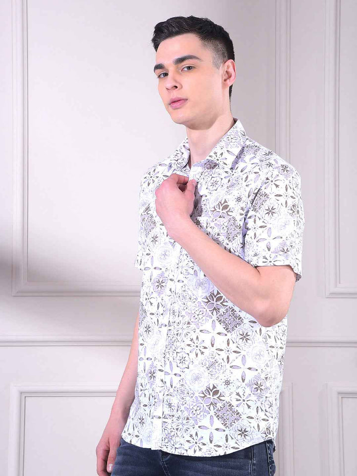 Brown 100% Cotton Floral Print Shirt