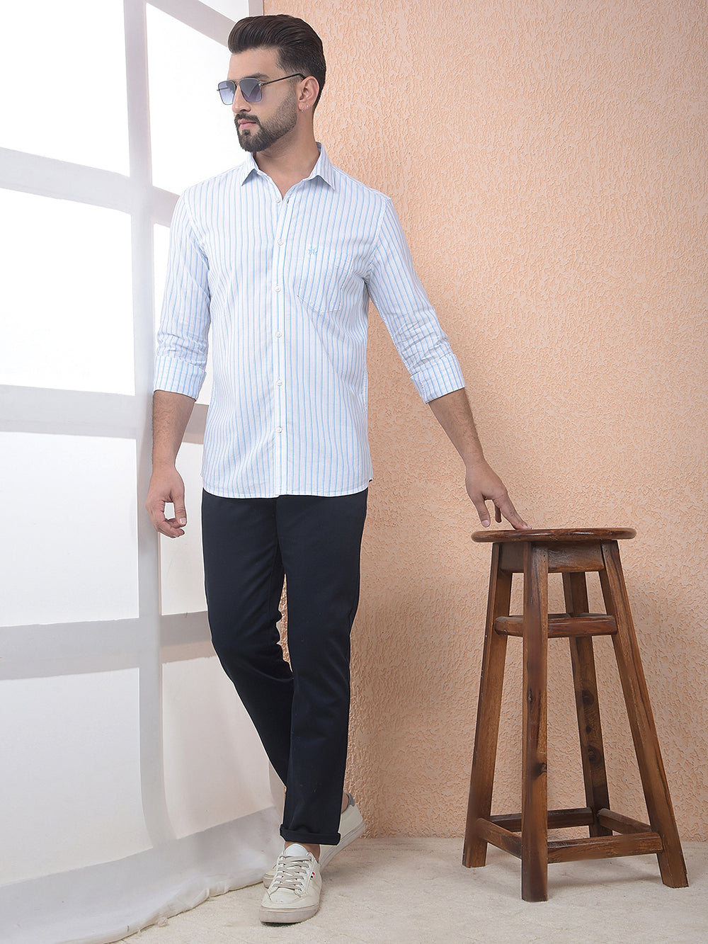 Blue Vertical Striped 100% Cotton Shirt