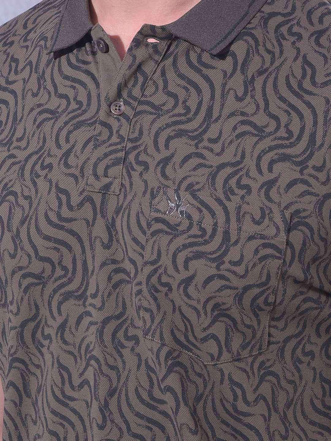 Brown Abstract Print Polo Neck T-Shirt