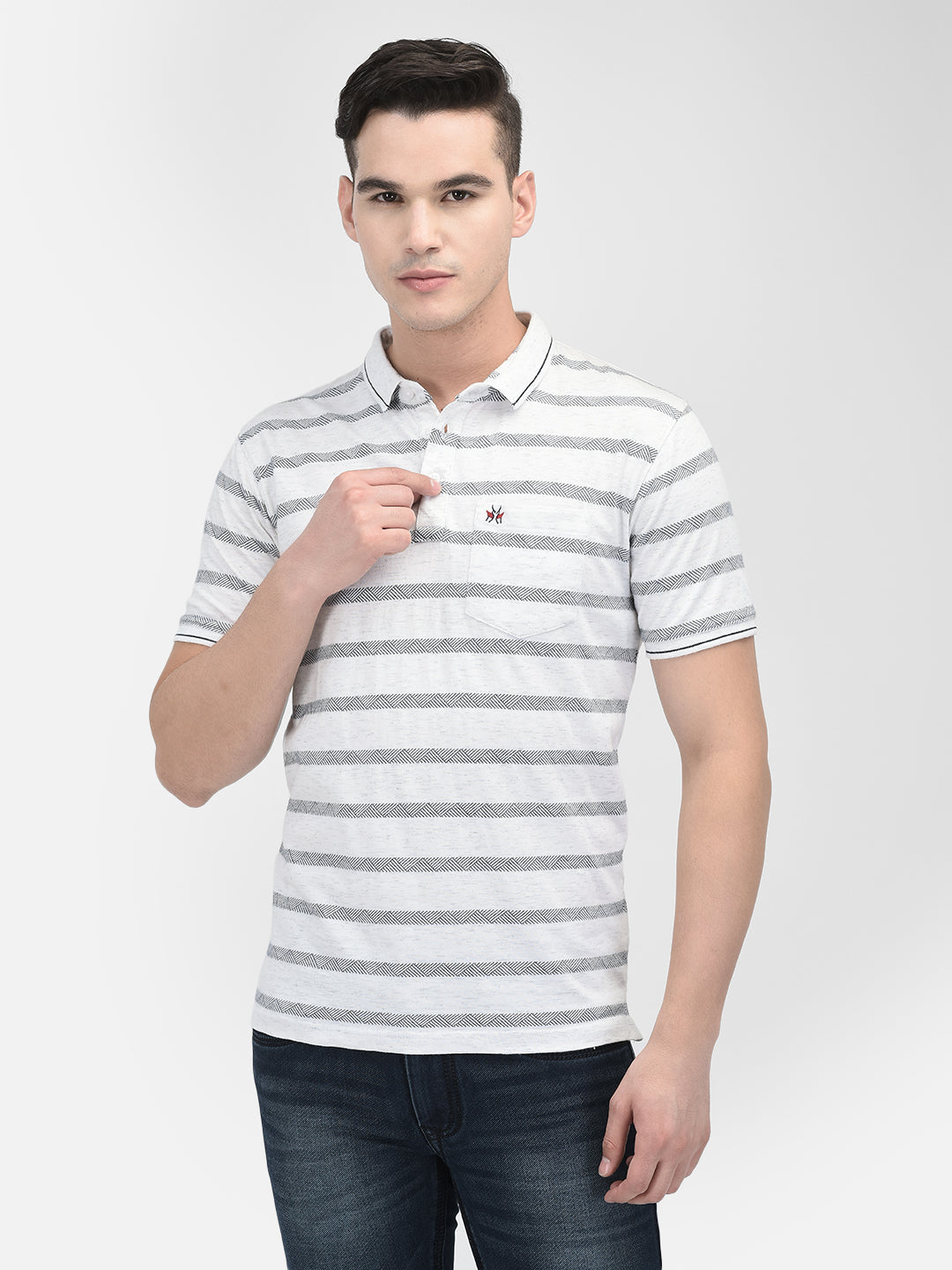 White Horizontal Stripes Polo Neck T-Shirt