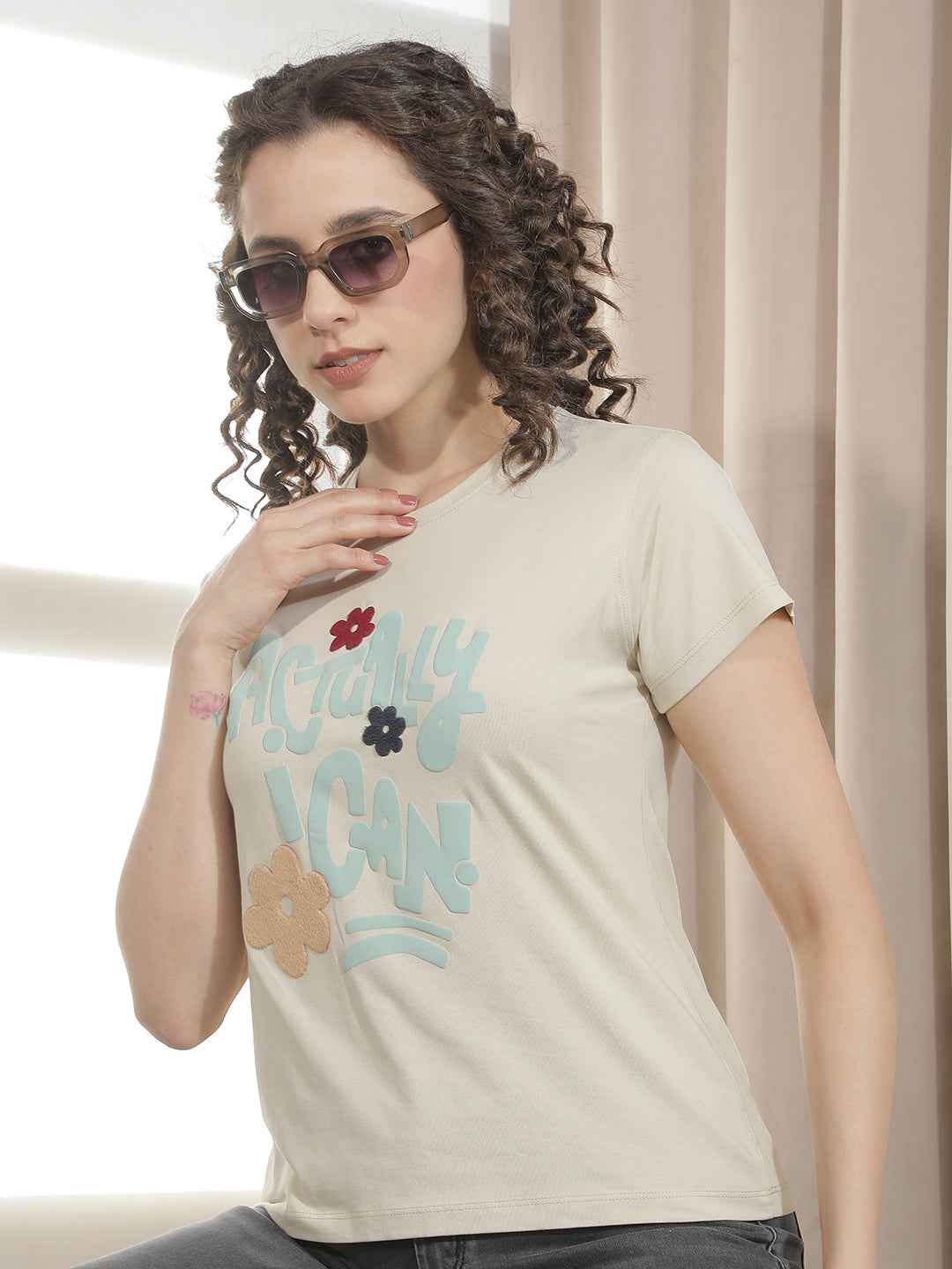 Beige Typographic Embroidery T-Shirt
