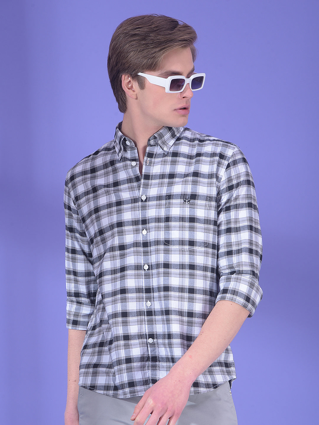 Grey Checked Button-Down Collar 100% Cotton Shirt