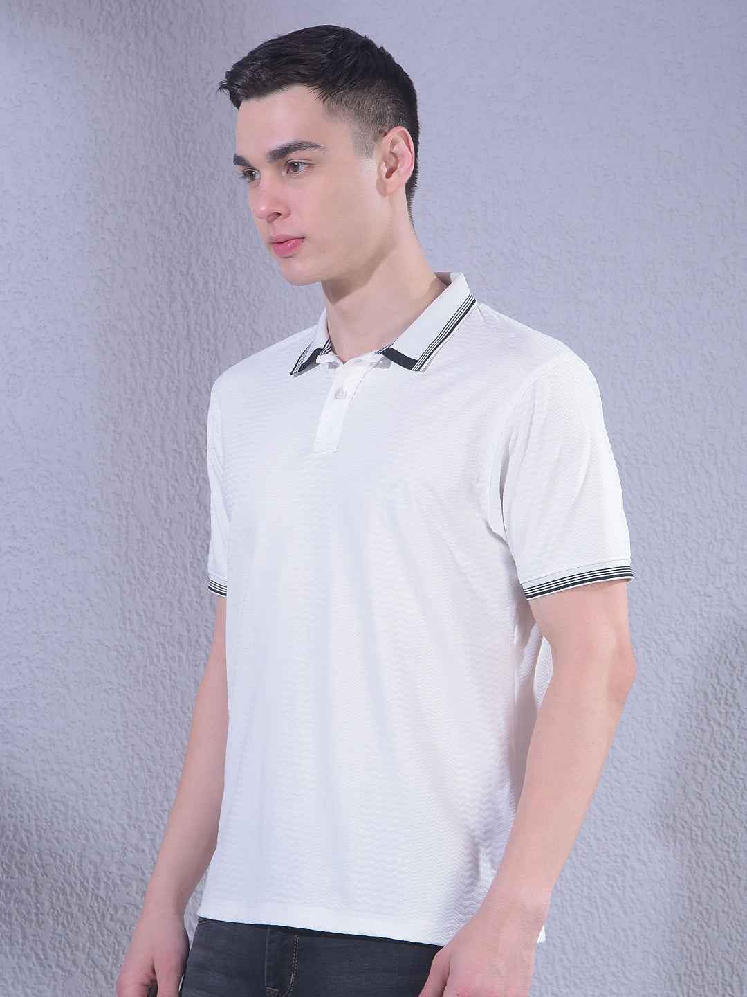 White Jacquard Polo Neck T-Shirt