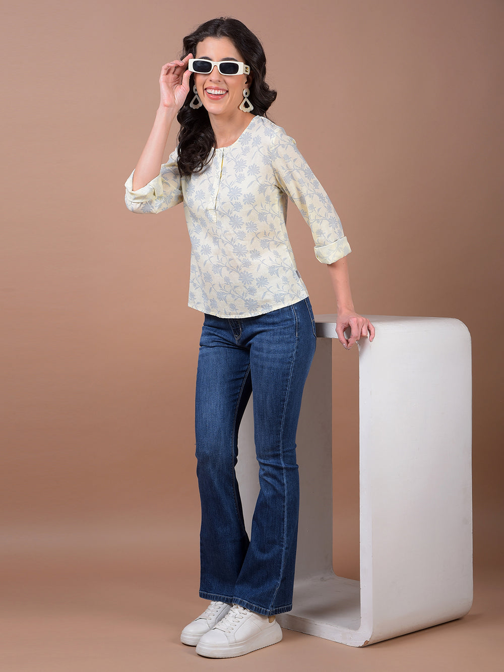 Yellow Floral Print Linen Top