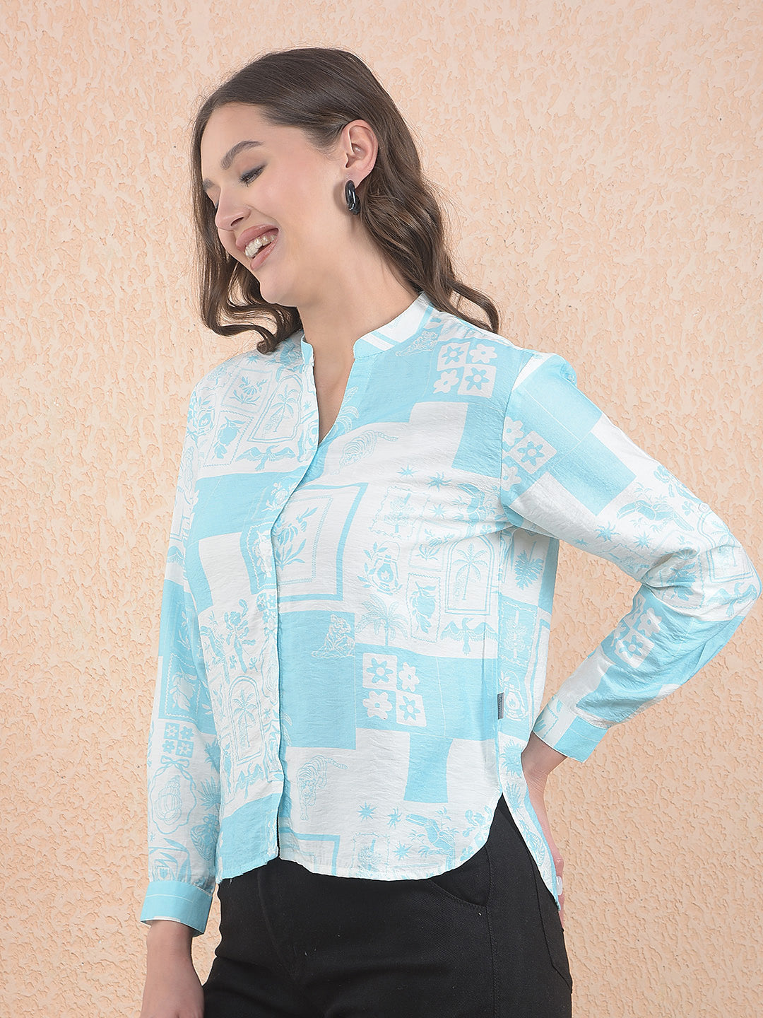 Printed Blue Waist-Length V-Neck Shirt