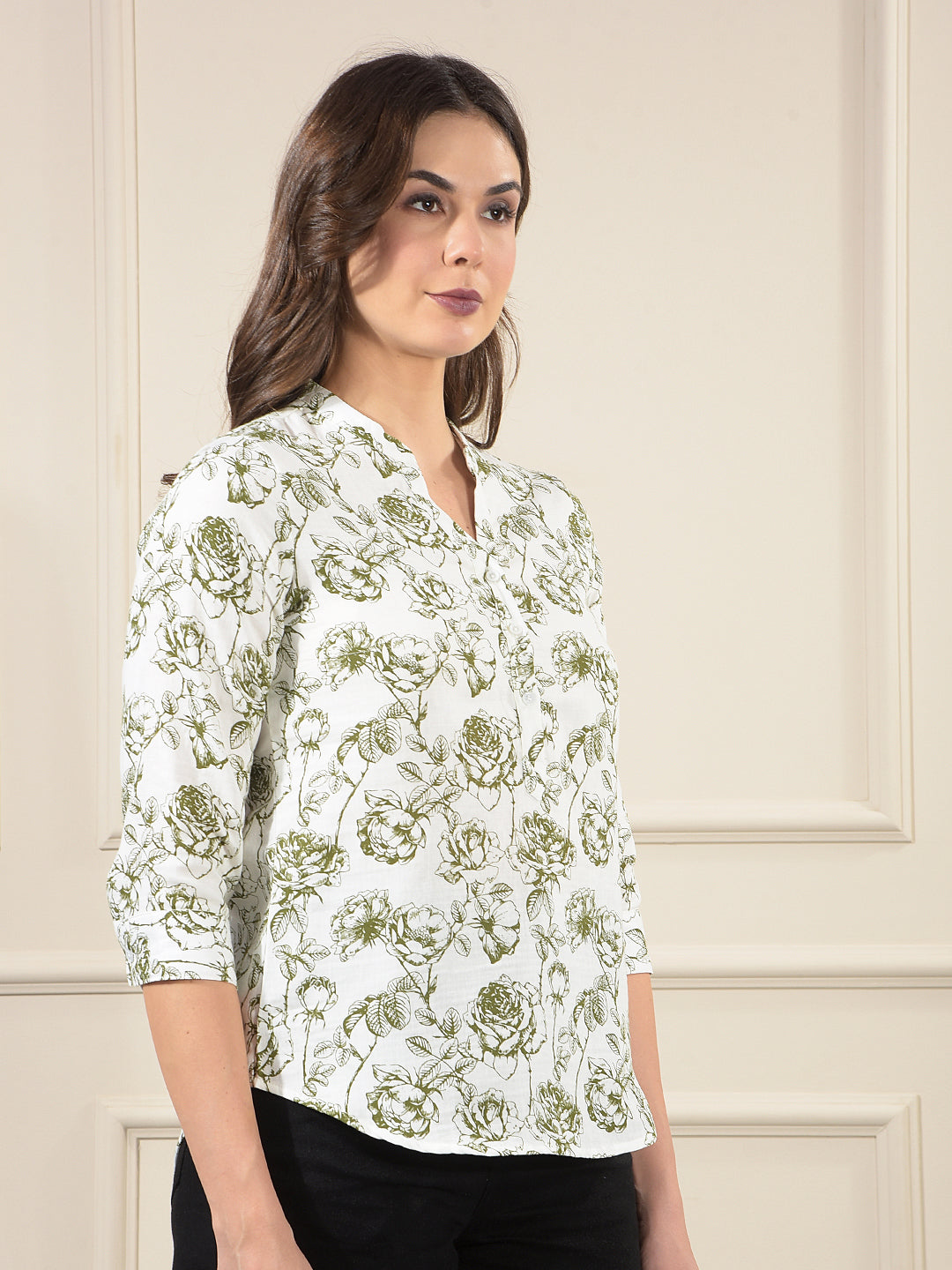 Green Floral Print V-Neck 100% Cotton Top