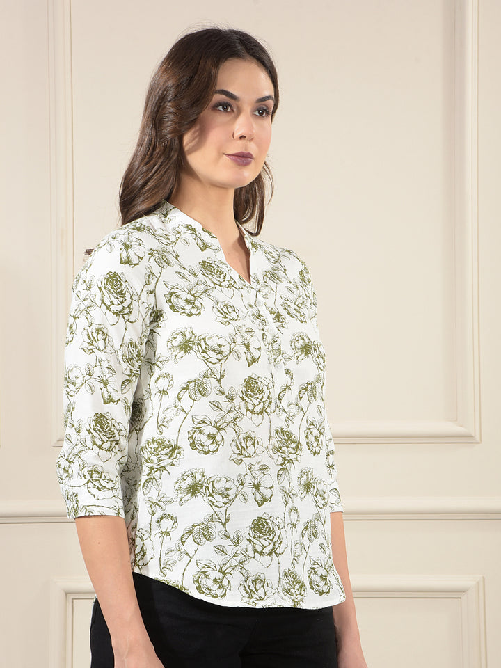 Green Floral Print V-Neck 100% Cotton Top