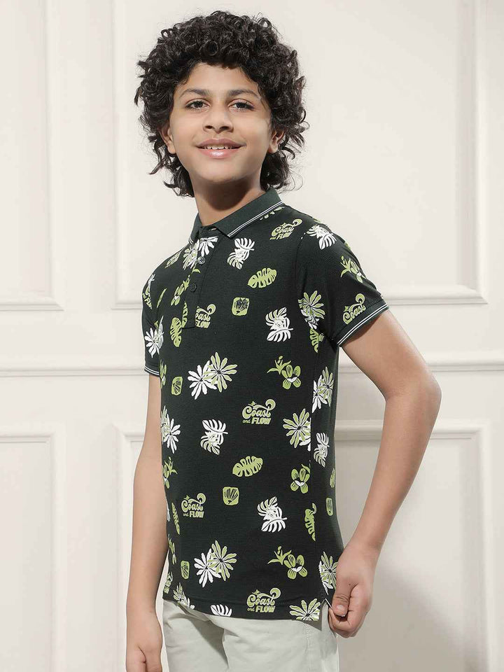 Tropical Print Green Polo T-Shirt