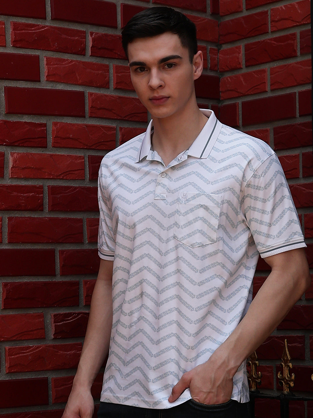 White Printed Polo Neck 100% Cotton T-Shirt