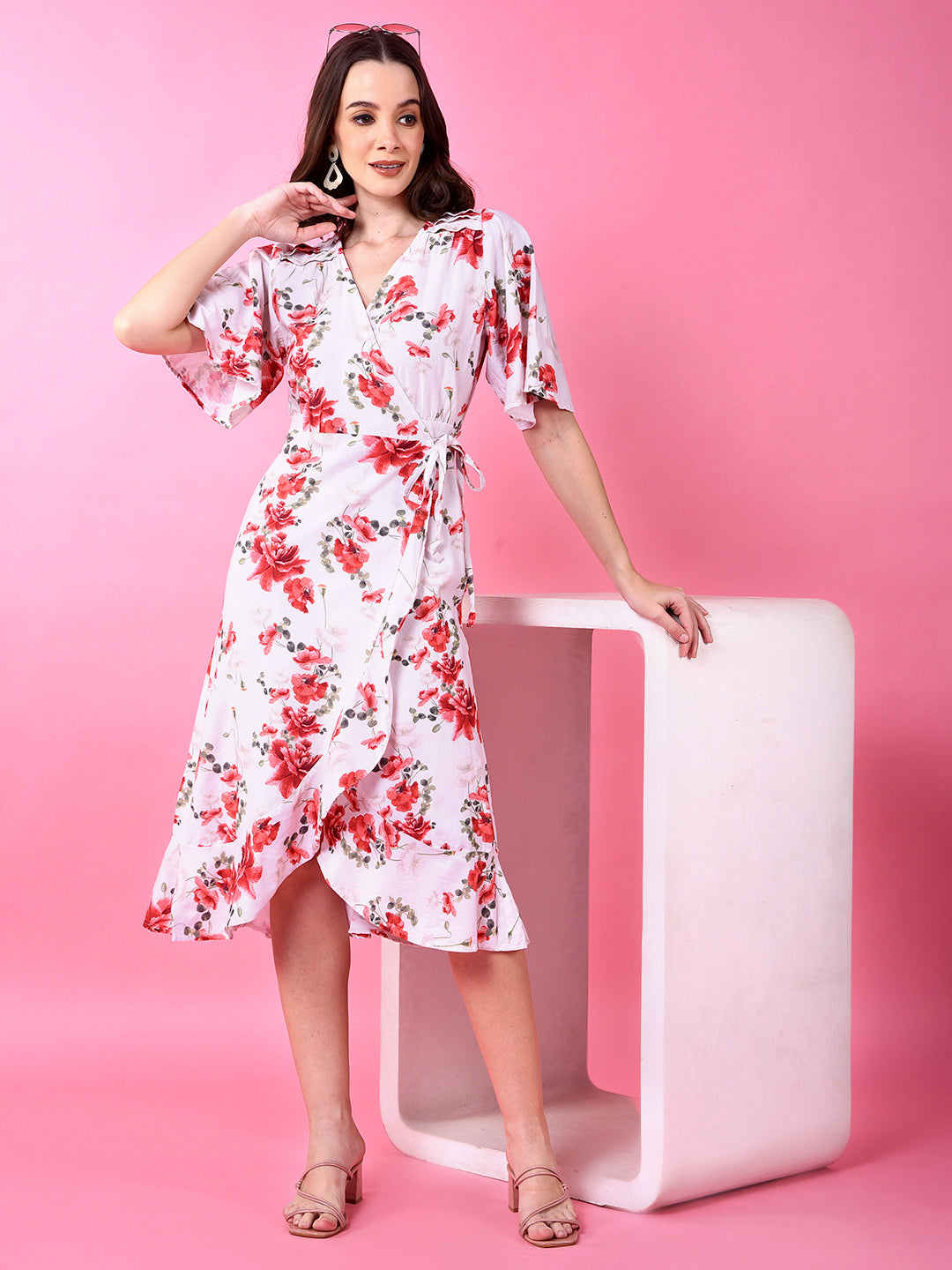 Red Floral Print V-Neck Linen Dress-Women Dress-Crimsoune Club