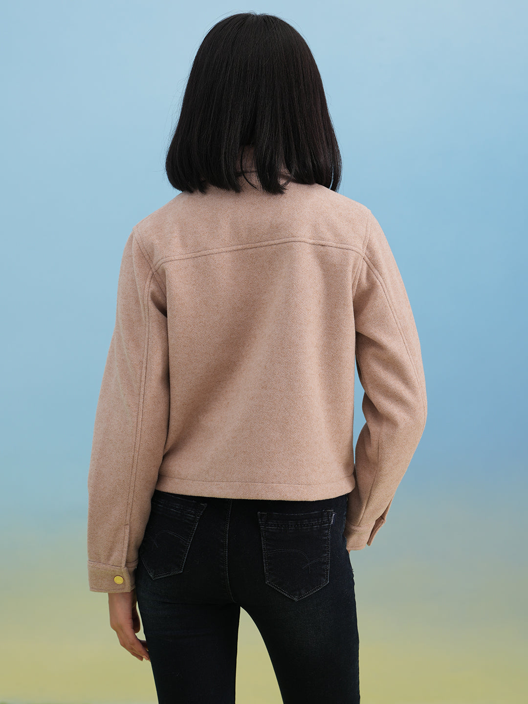 Beige Double-Pocket Cropped Shacket