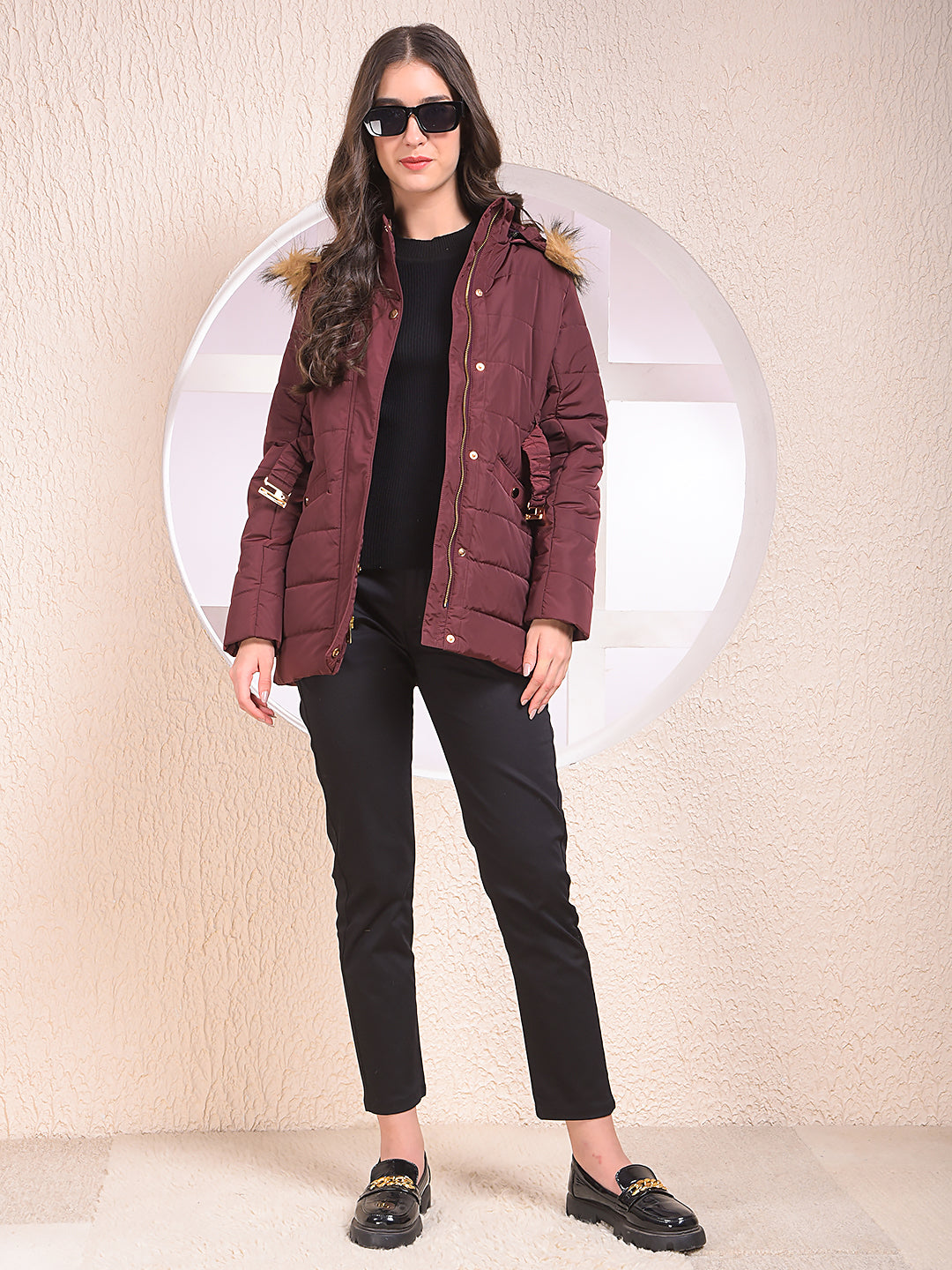 Maroon Hooded Neck Puffer Jacket