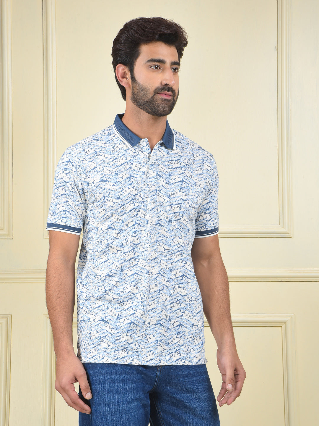 Blue Printed Polo Neck T-Shirt