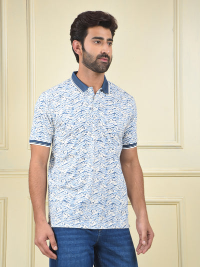 Blue Printed Polo Neck T-Shirt